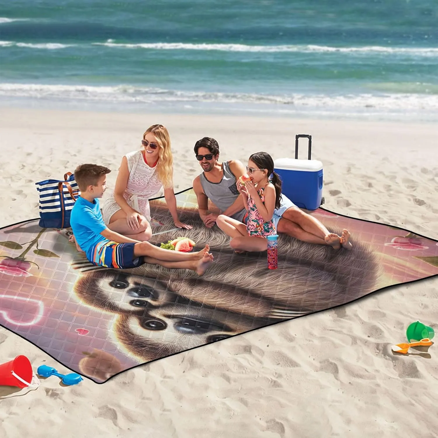 CHIFIGNO Romantic Sloth Hugging Scene Beach Mat Waterproof Sandproof Cute Picnic Essentials Foldable Print Camping Blanket for Grass 80" x 60"