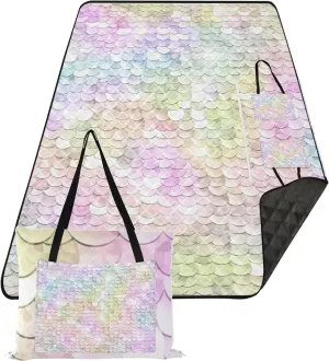 CHIFIGNO Sequins Sparkling Rainbow Multicolored Waterproof Beach Blanket Sand Proof Cute Picnic Blanket Mat Foldable Floral Outdoor Camping Mat 80" x 60"
