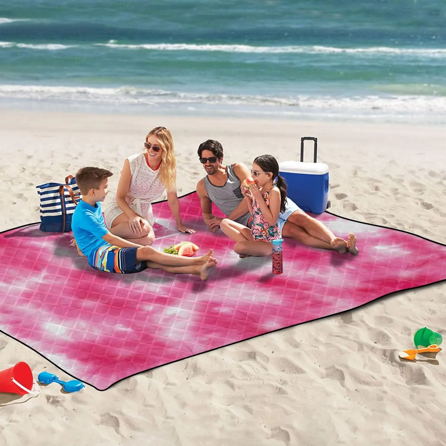 CHIFIGNO Tie Dye Shibori Print Pink Beach Blanket Sandproof Waterproof Cute Picnic Blankets Foldable Print Outdoor Mat for Camping 80" x 60"