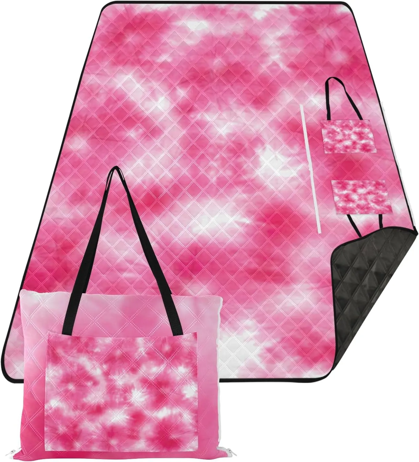 CHIFIGNO Tie Dye Shibori Print Pink Beach Blanket Sandproof Waterproof Cute Picnic Blankets Foldable Print Outdoor Mat for Camping 80" x 60"