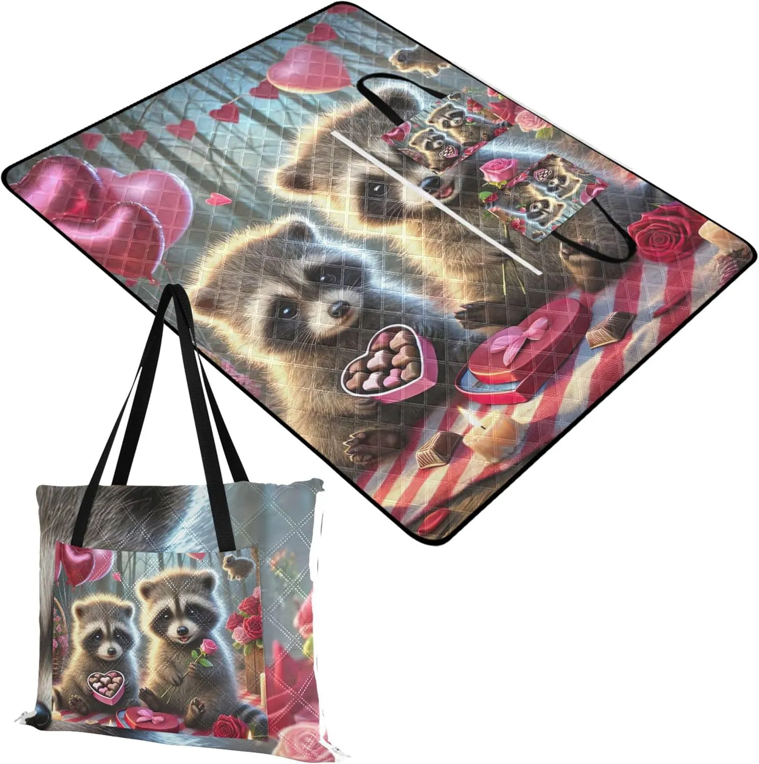 CHIFIGNO Valentine Raccoon Chocolate Date Waterproof Beach Blanket Sand Proof Floral Camp Blanket for Grass Extra Large Picnic Supplies Foldable Mat 118" x 80"