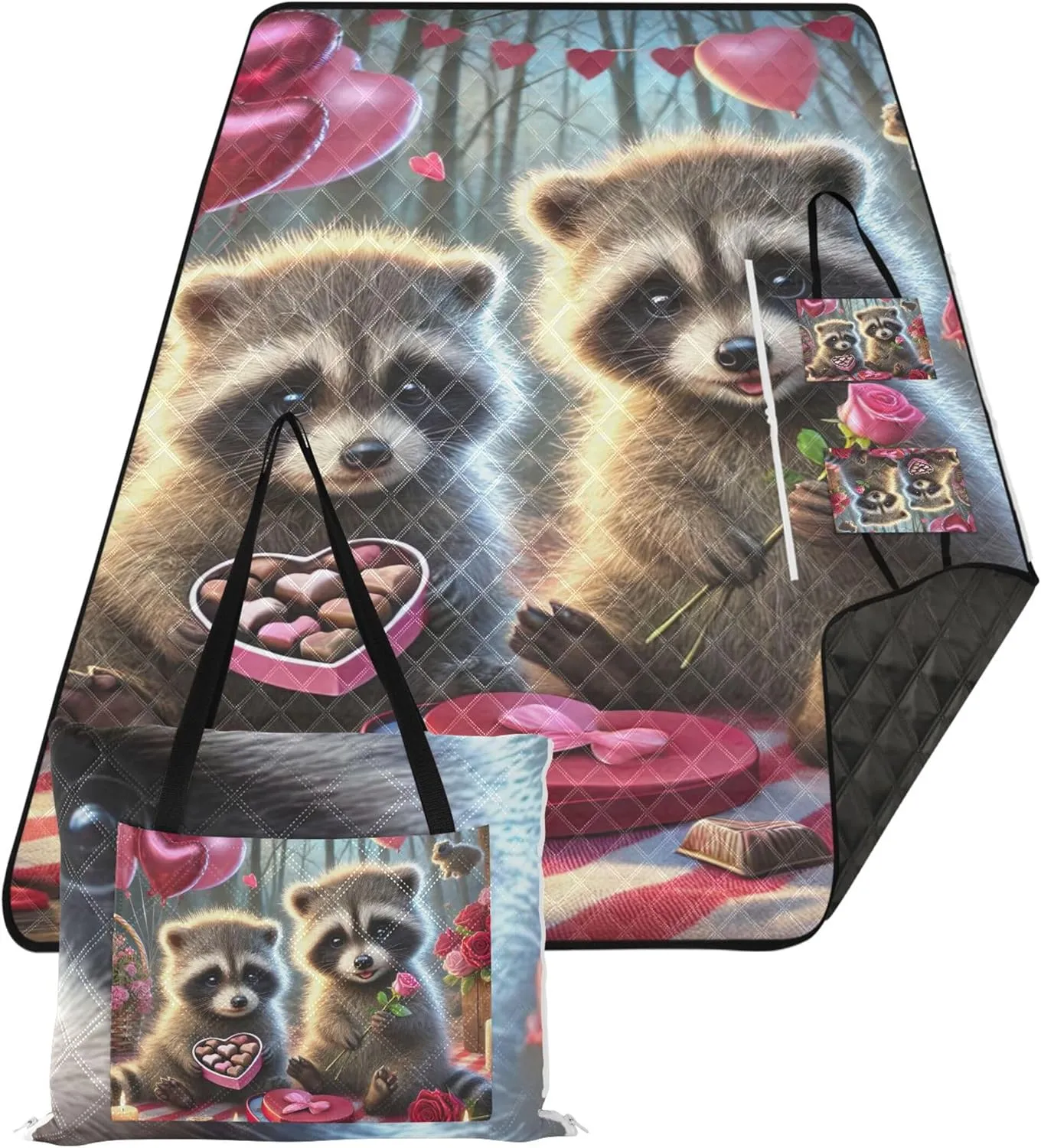 CHIFIGNO Valentine Raccoon Chocolate Date Waterproof Beach Blanket Sand Proof Floral Camp Blanket for Grass Extra Large Picnic Supplies Foldable Mat 118" x 80"