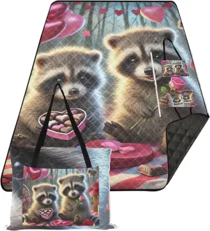 CHIFIGNO Valentine Raccoon Chocolate Date Waterproof Beach Blanket Sand Proof Floral Camp Blanket for Grass Extra Large Picnic Supplies Foldable Mat 118" x 80"