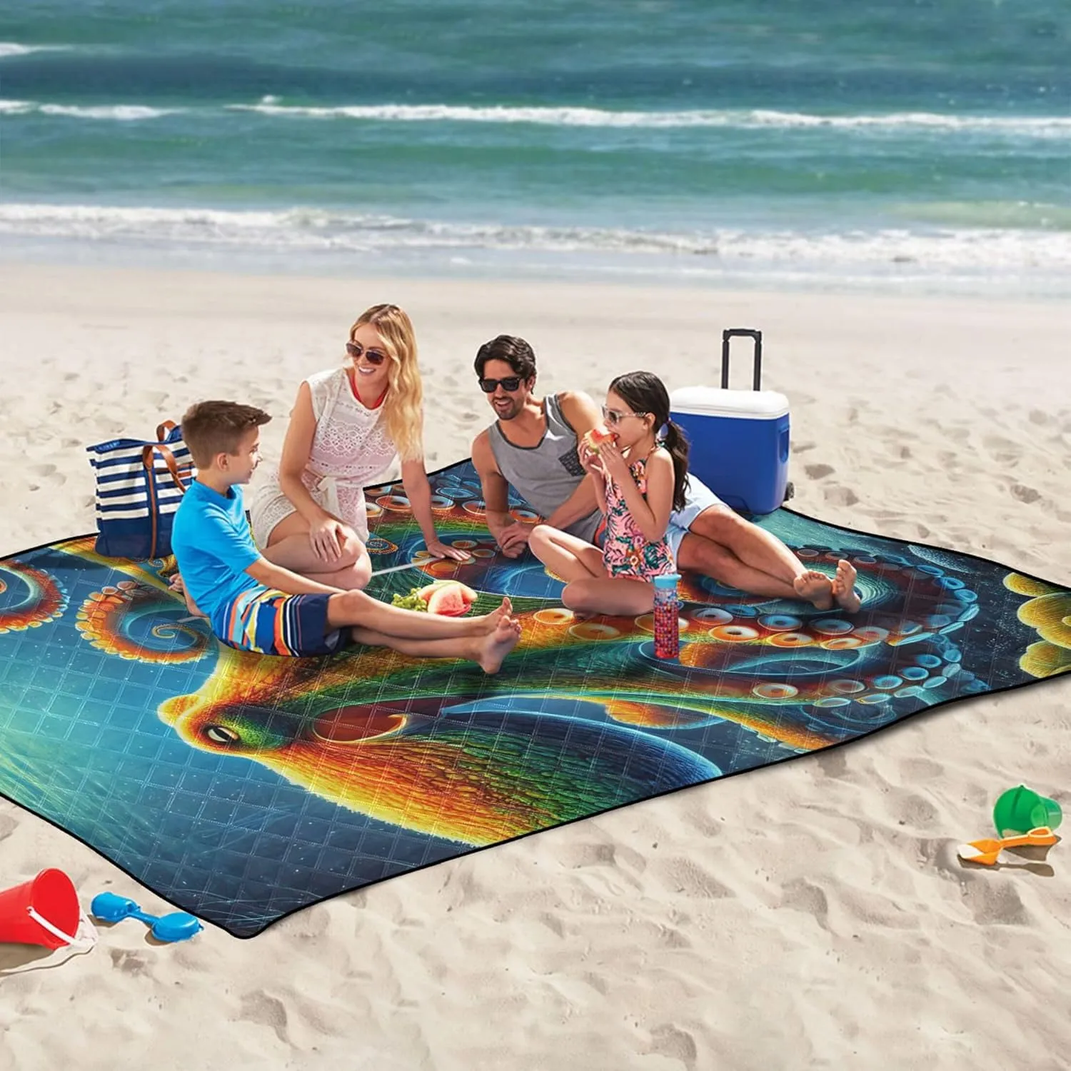 CHIFIGNO Vibrant Octopus Ocean Art Waterproof Beach Blanket Oversized Outdoor Camping Grass Mat Foldable Picnic Blanket Cute 80" x 60"