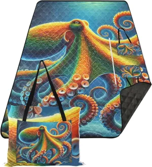 CHIFIGNO Vibrant Octopus Ocean Art Waterproof Beach Blanket Oversized Outdoor Camping Grass Mat Foldable Picnic Blanket Cute 80" x 60"
