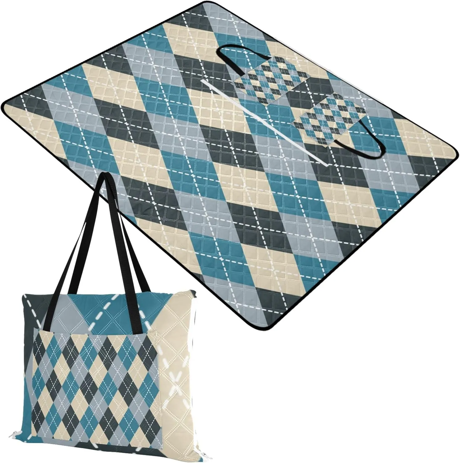 CHIFIGNO Vintage Argyle Blue Cute Picnic Essentials Foldable Sandproof Beach Blanket Waterproof Print Kids Camping Mat for Grass 80" x 60"