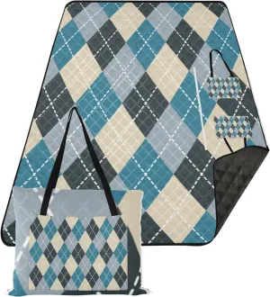 CHIFIGNO Vintage Argyle Blue Cute Picnic Essentials Foldable Sandproof Beach Blanket Waterproof Print Kids Camping Mat for Grass 80" x 60"