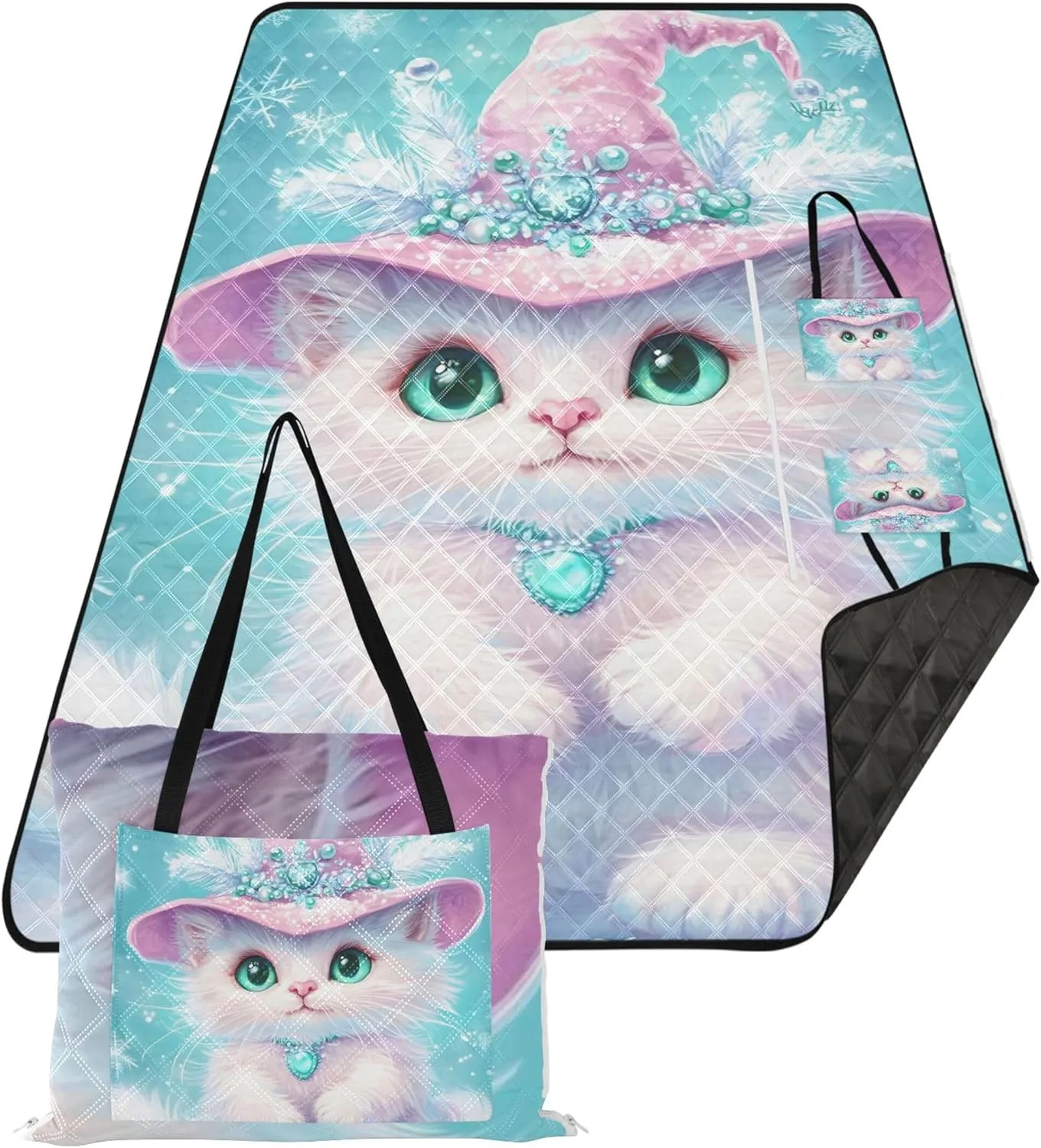 CHIFIGNO Winter White Cat Pink Hat Waterproof Beach Blanket Sand Proof Picnic Supplies Foldable Mat Outdoor Play Mat for Grass 80" x 60"
