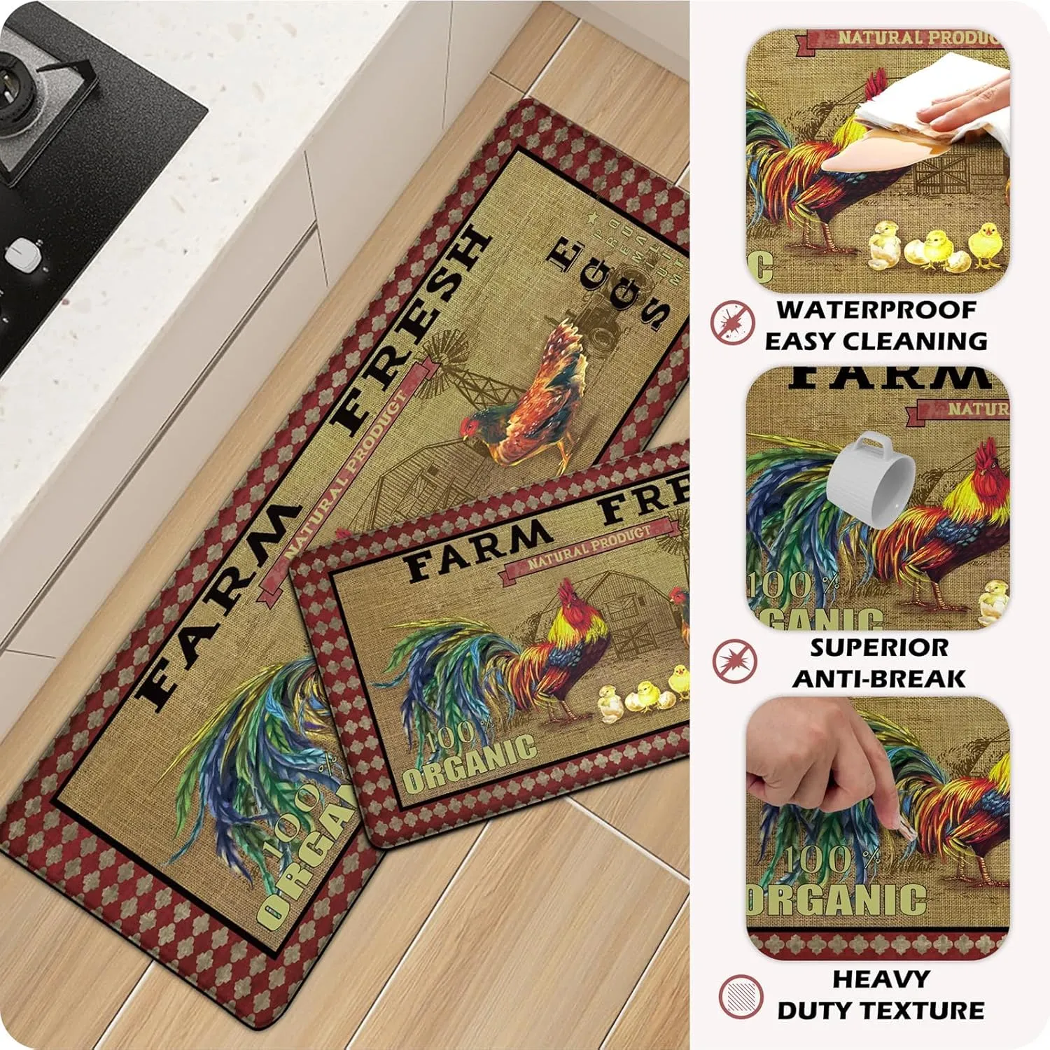 chiinvent Rooster Kitchen Rugs Anti Fatigue Non Slip Waterproof Cushioned Kitchen Mats for Floor Set of 2, Farmhouse Buffalo Plaid PVC Ergonomic Comfort Standing Kitchen Mat for Sink, Office, Laundry
