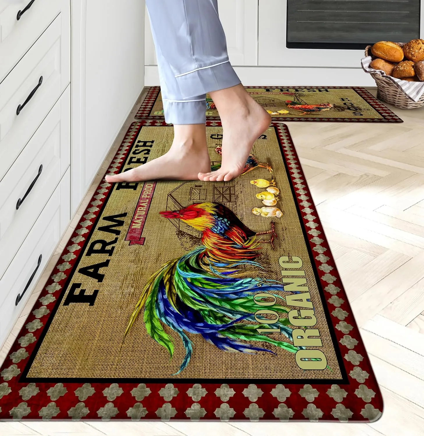 chiinvent Rooster Kitchen Rugs Anti Fatigue Non Slip Waterproof Cushioned Kitchen Mats for Floor Set of 2, Farmhouse Buffalo Plaid PVC Ergonomic Comfort Standing Kitchen Mat for Sink, Office, Laundry