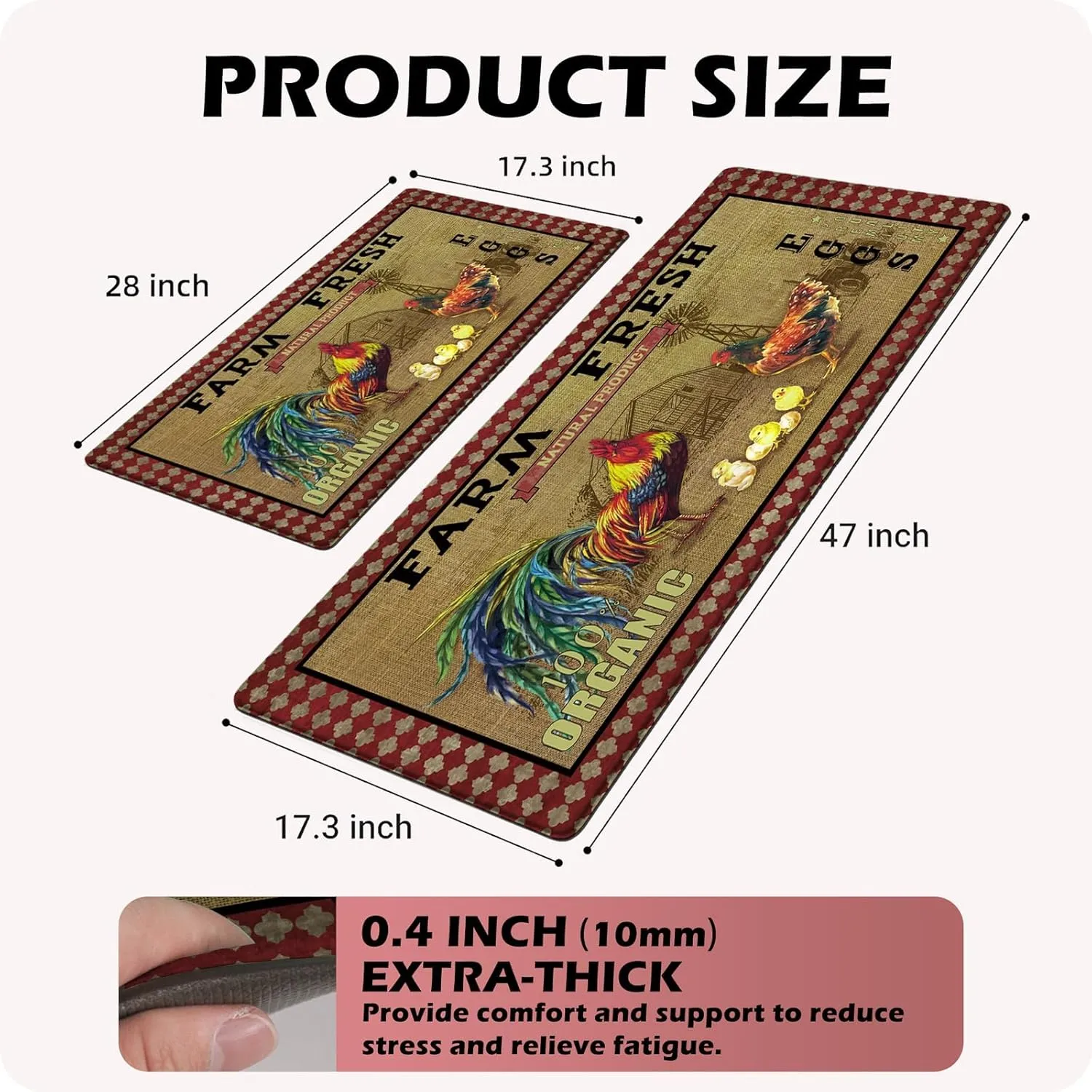chiinvent Rooster Kitchen Rugs Anti Fatigue Non Slip Waterproof Cushioned Kitchen Mats for Floor Set of 2, Farmhouse Buffalo Plaid PVC Ergonomic Comfort Standing Kitchen Mat for Sink, Office, Laundry