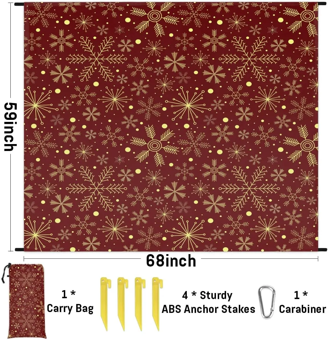 Christmas Snowflake Beach Blanket, Sandproof Beach Mat, 68 x 59 Waterproof Quick Drying Sand Free Mat with 4 x Ground Spikes for Outdoor Travel Camping Hiking, Christmas Holiday