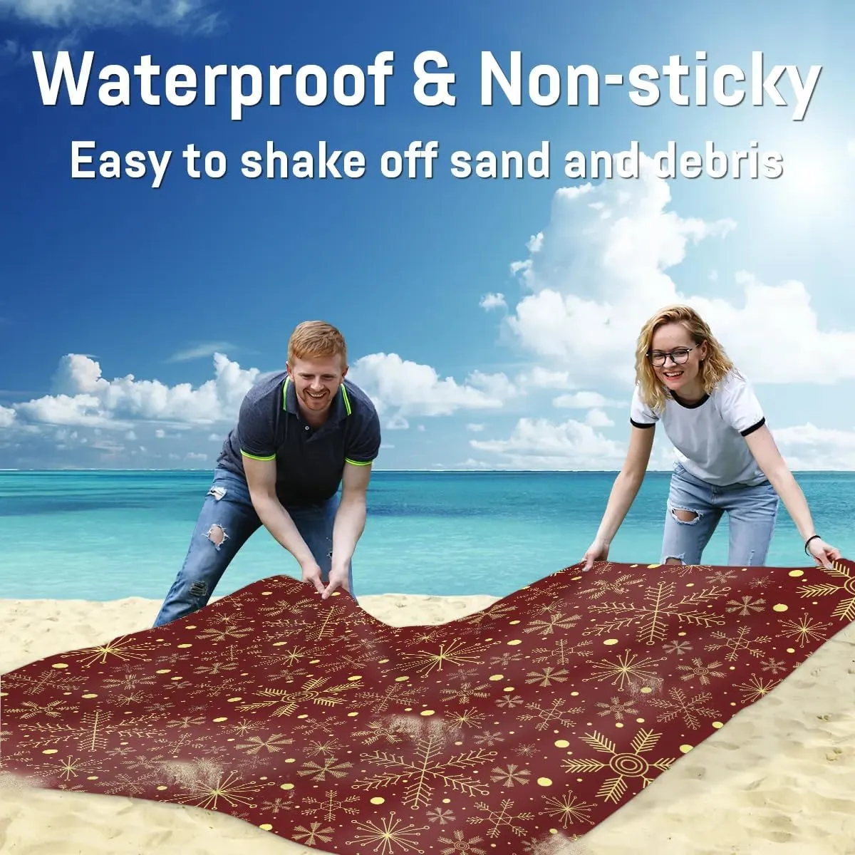 Christmas Snowflake Beach Blanket, Sandproof Beach Mat, 68 x 59 Waterproof Quick Drying Sand Free Mat with 4 x Ground Spikes for Outdoor Travel Camping Hiking, Christmas Holiday