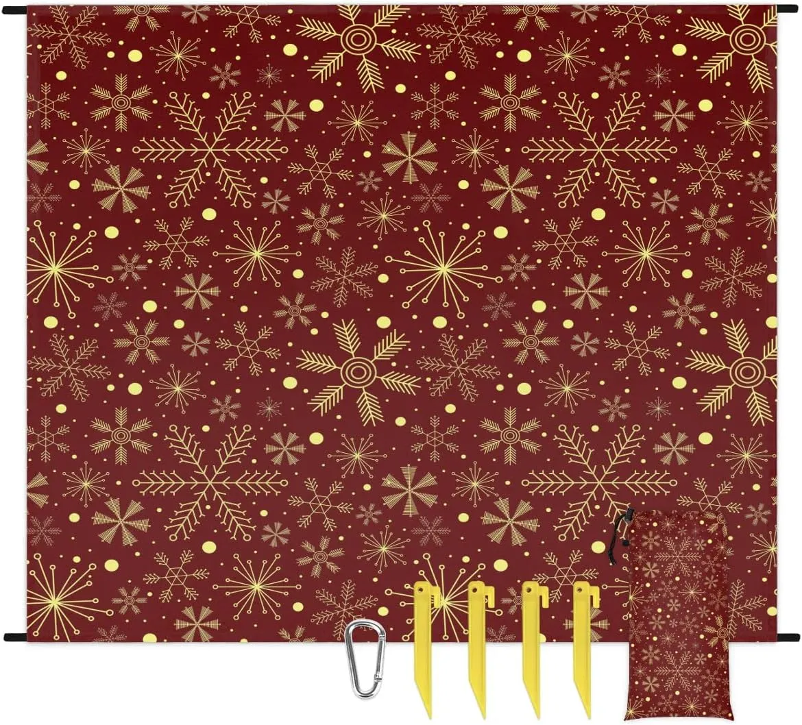 Christmas Snowflake Beach Blanket, Sandproof Beach Mat, 68 x 59 Waterproof Quick Drying Sand Free Mat with 4 x Ground Spikes for Outdoor Travel Camping Hiking, Christmas Holiday