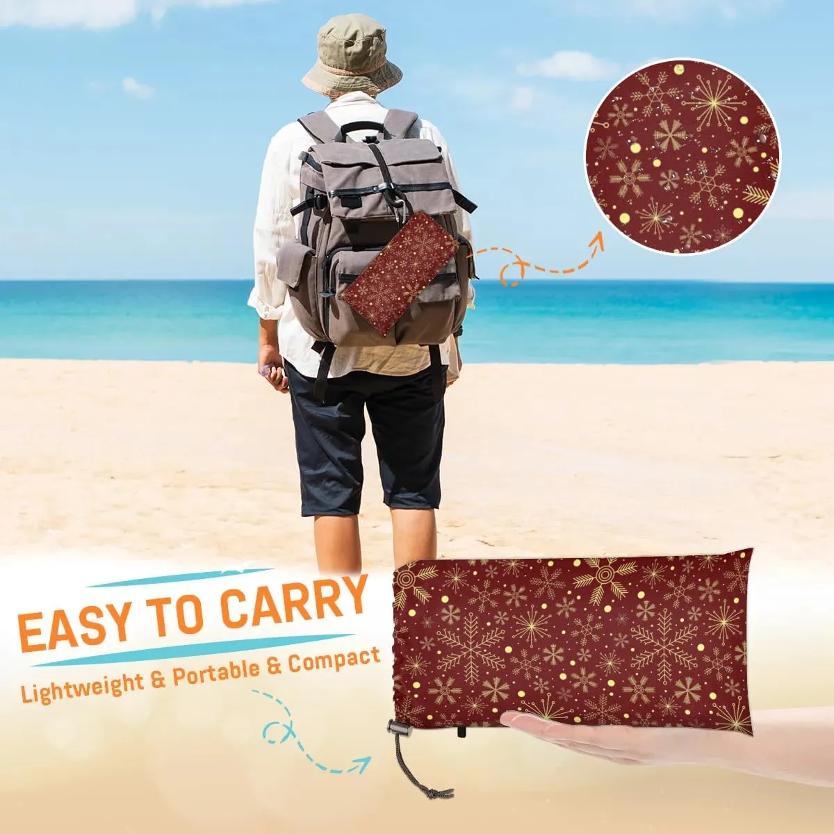 Christmas Snowflake Beach Blanket, Sandproof Beach Mat, 68 x 59 Waterproof Quick Drying Sand Free Mat with 4 x Ground Spikes for Outdoor Travel Camping Hiking, Christmas Holiday