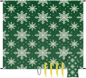 Christmas Snowflake Beach Blanket, Sandproof Beach Mat, 68 x 59 Waterproof Quick Drying Sand Free Mat with 4 x Ground Spikes for Outdoor Travel Camping Hiking, Winter Snowflake
