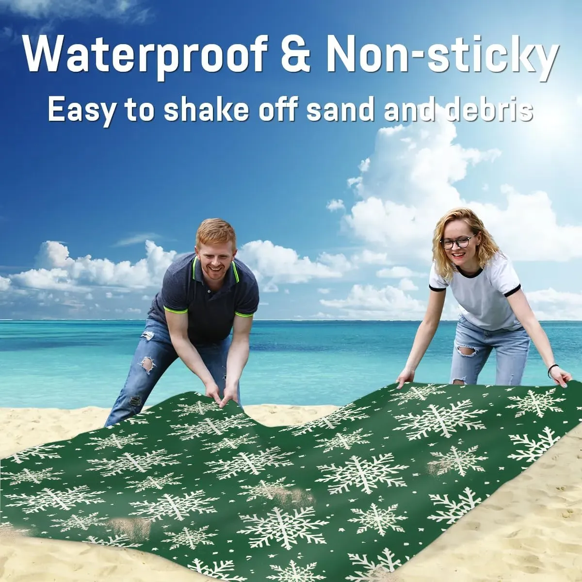 Christmas Snowflake Beach Blanket, Sandproof Beach Mat, 68 x 59 Waterproof Quick Drying Sand Free Mat with 4 x Ground Spikes for Outdoor Travel Camping Hiking, Winter Snowflake