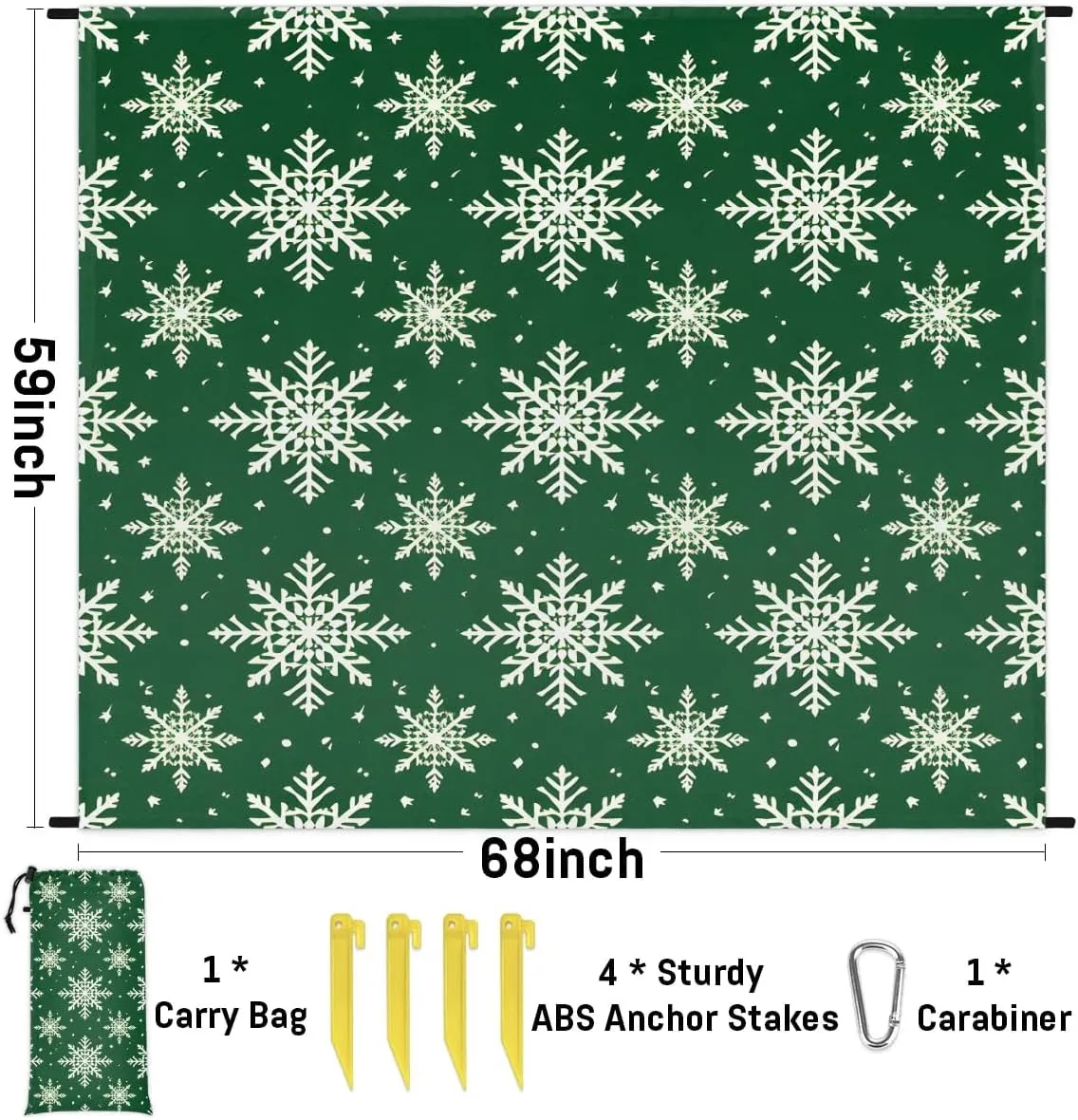 Christmas Snowflake Beach Blanket, Sandproof Beach Mat, 68 x 59 Waterproof Quick Drying Sand Free Mat with 4 x Ground Spikes for Outdoor Travel Camping Hiking, Winter Snowflake