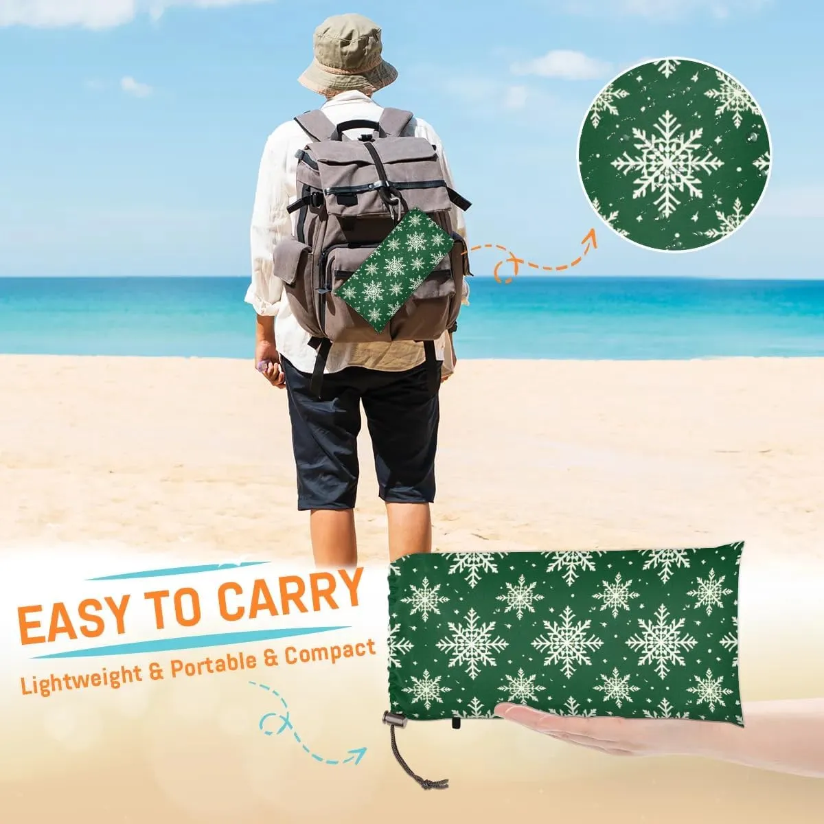 Christmas Snowflake Beach Blanket, Sandproof Beach Mat, 68 x 59 Waterproof Quick Drying Sand Free Mat with 4 x Ground Spikes for Outdoor Travel Camping Hiking, Winter Snowflake