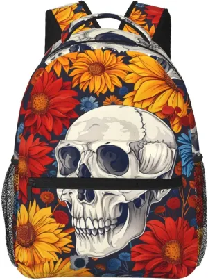 Chrysanthemum Skull Pattern Travel Laptop Backpacks Lightweight Travel Hiking Camping Multipurpose Daypack Casual College Backapck for Men Women Adult