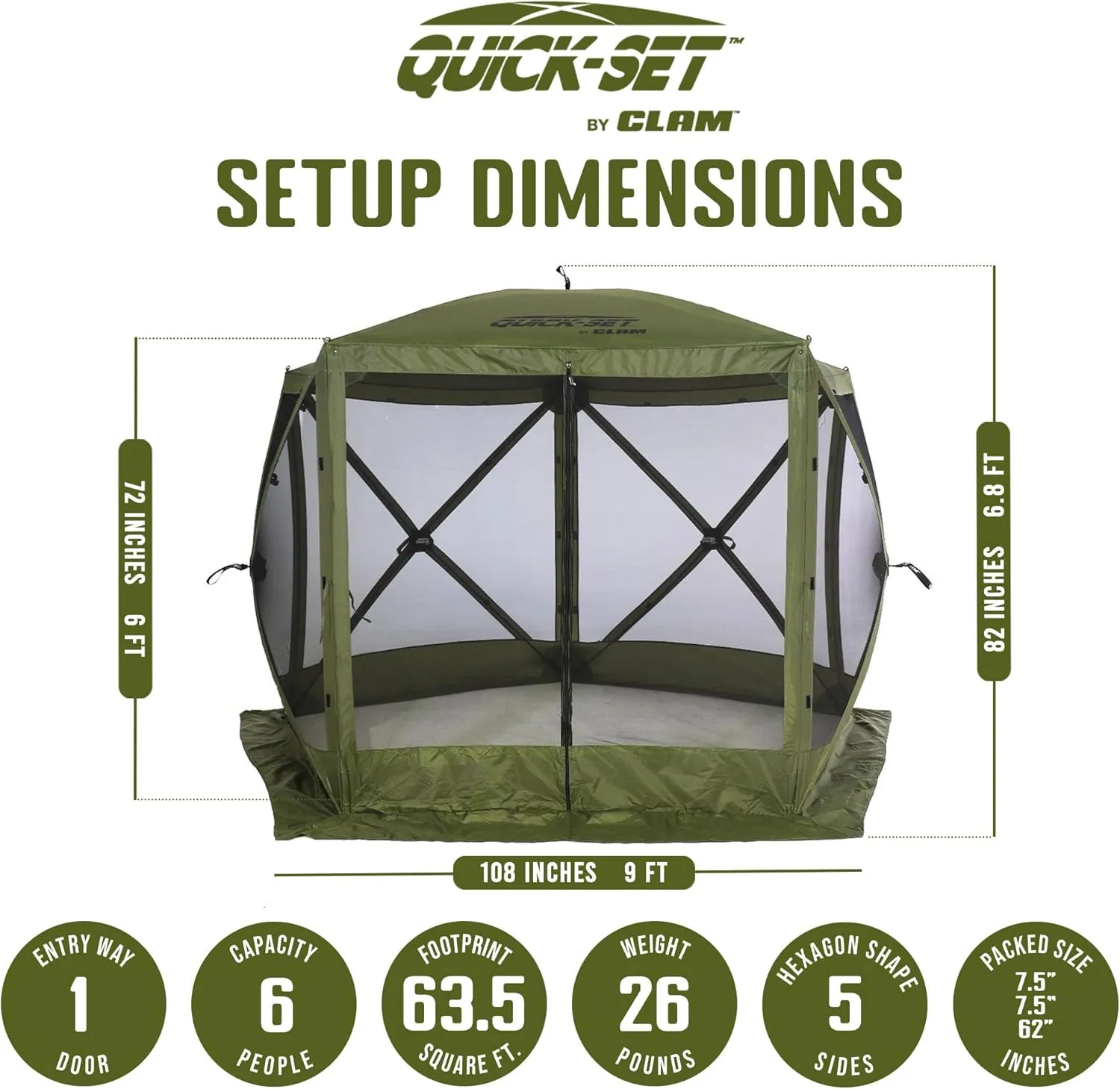 CLAM Quick Set Venture 9 x 9 Foot Portable Outdoor Camping Canopy Sunshade Shelter, Green Bundled with Wind/Sun Panels (3 Pack)