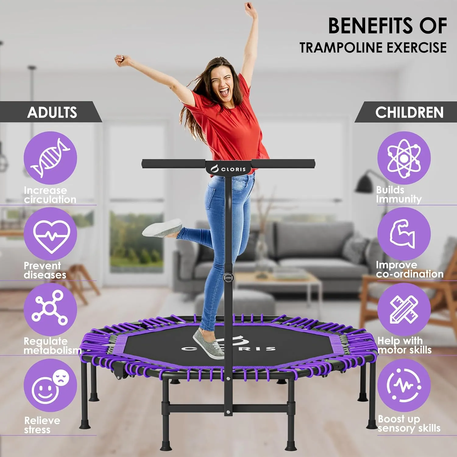 CLORIS 38in/48in Folding Trampoline - Max Load 220lbs / 450lbs Mini Rebounder Fitness Trampoline with Adjustable Foam Handle, with safty Padded Cover Best Gift for Kids/Adult