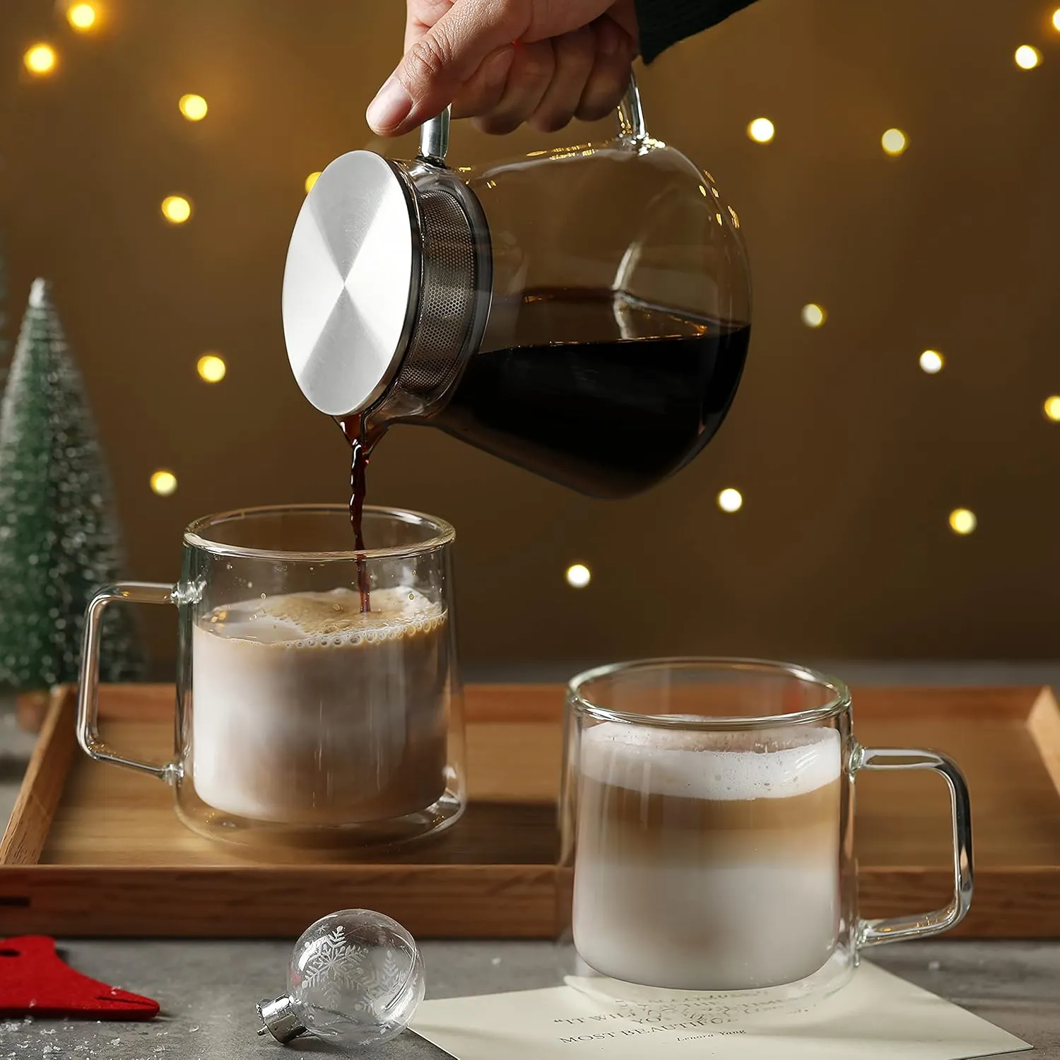 CNGLASS 12oz Glass Coffee Mugs,Double Wall Insulated Glass Cups with Handle,Clear Espresso Mugs for Latte,Cappuccino,Tea Bag,Set of 2