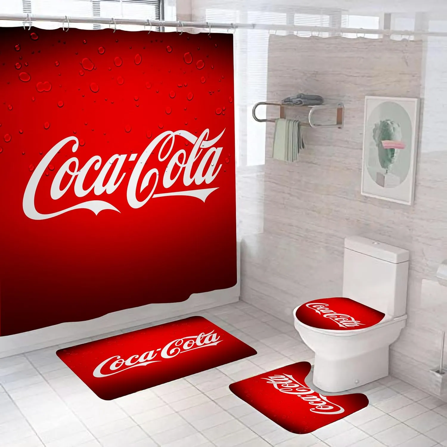 Cola Bathroom 4 Pieces Set Shower Curtain, Toilet Lid Cover and Bath Mat, Non-Slip Rugs, Durable and Waterproof, for Bathroom Decor Set, 72" x 72"
