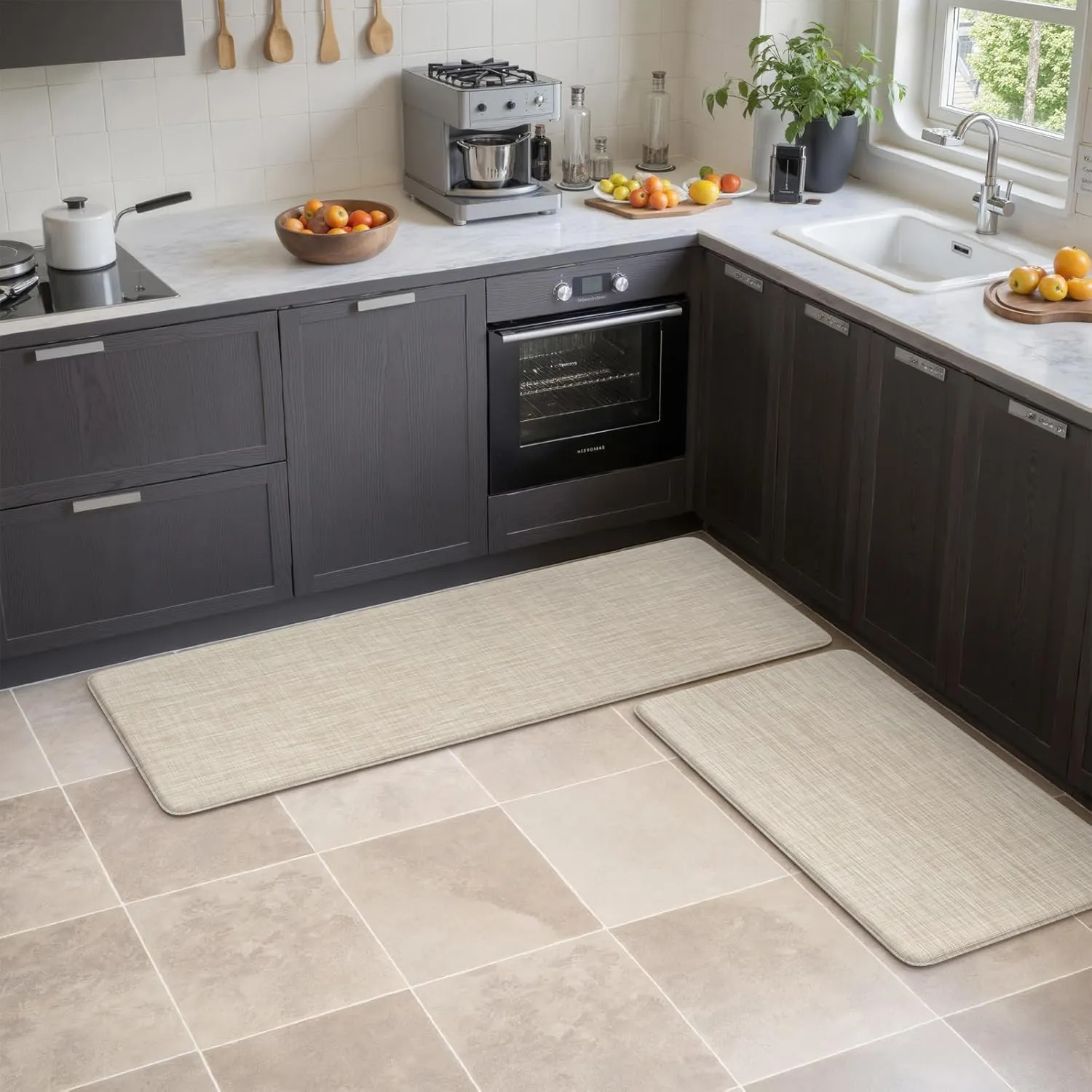Collive Anti-Fatigue Cushioned Kitchen Mat Set 2 Piece Non-Skid Waterproof Kitchen Rugs and Mats Heavy Duty Standing Floor Mats for Kitchen, Office, Sink,17.3"×30" 17.3"×47",Beige