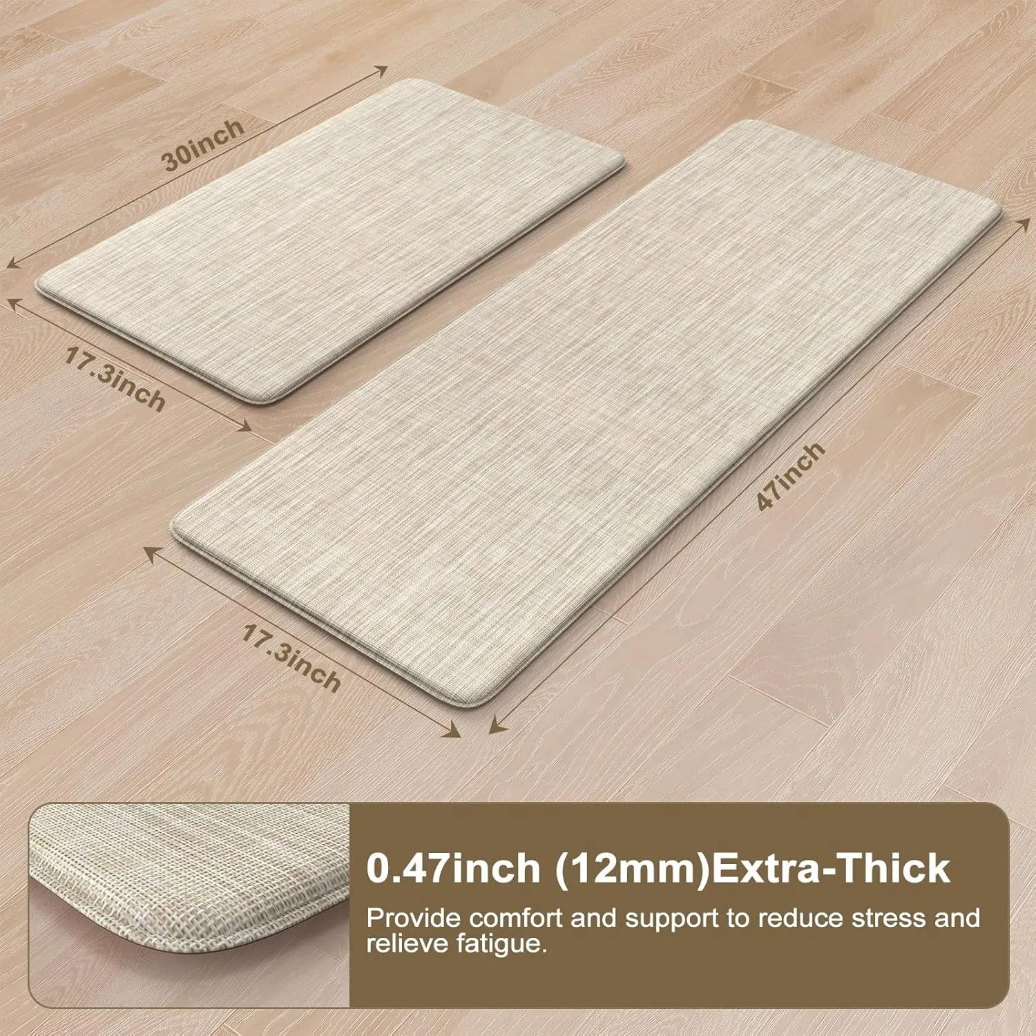 Collive Anti-Fatigue Cushioned Kitchen Mat Set 2 Piece Non-Skid Waterproof Kitchen Rugs and Mats Heavy Duty Standing Floor Mats for Kitchen, Office, Sink,17.3"×30" 17.3"×47",Beige