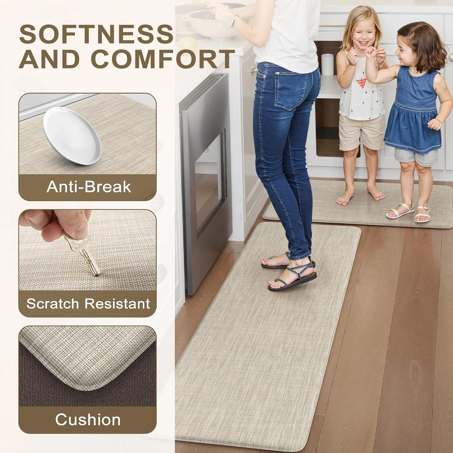 Collive Anti-Fatigue Cushioned Kitchen Mat Set 2 Piece Non-Skid Waterproof Kitchen Rugs and Mats Heavy Duty Standing Floor Mats for Kitchen, Office, Sink,17.3"×30" 17.3"×47",Beige