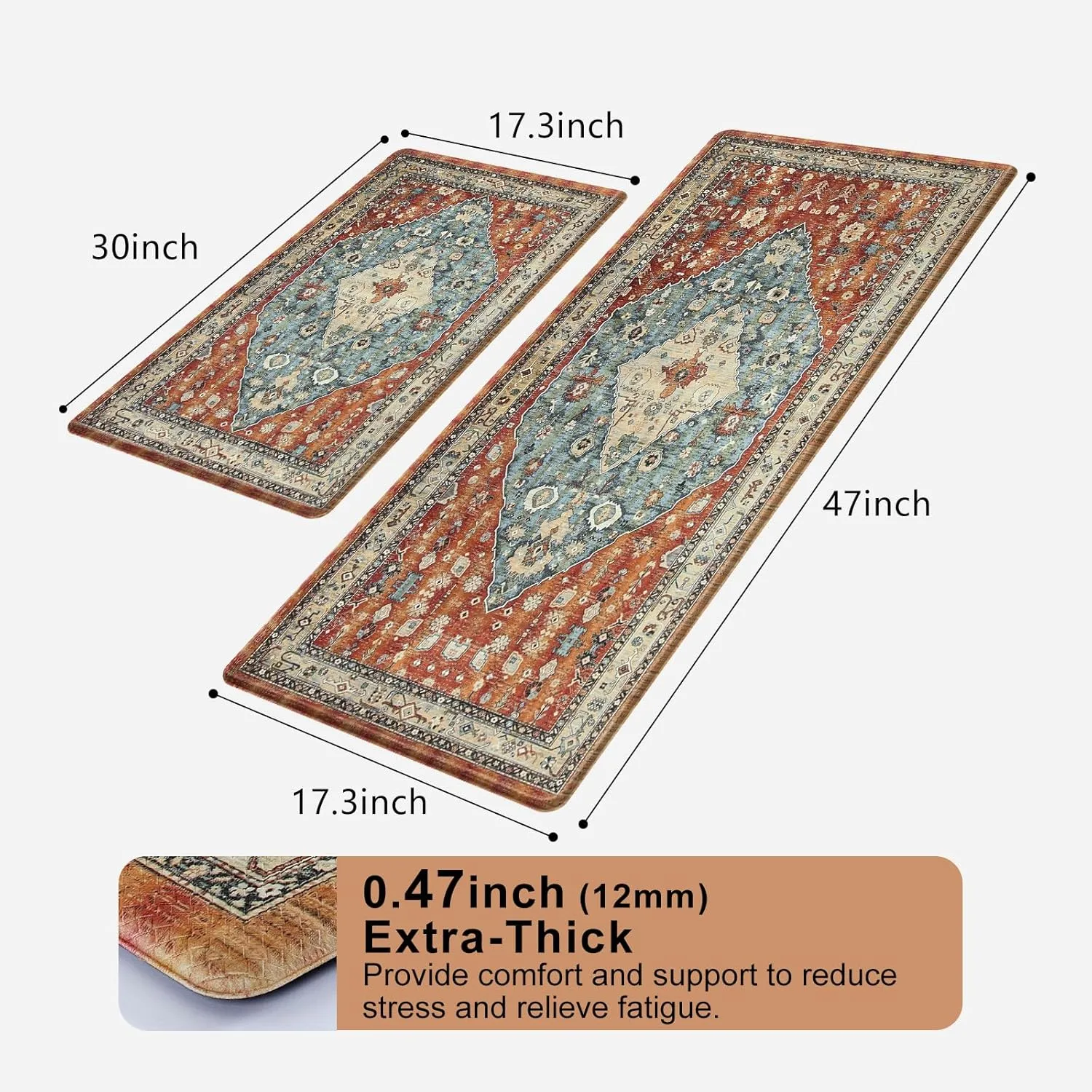 Collive Boho Kitchen Mat 2PCS Cushioned Kitchen Mats for Floor, Anti-Fatigue Mat Waterproof Kitchen Rug Set of 2 Non-Skid Comfort Standing Mat for Kitchen, Office, Sink, Laundry, 17"x30" 17"x47"