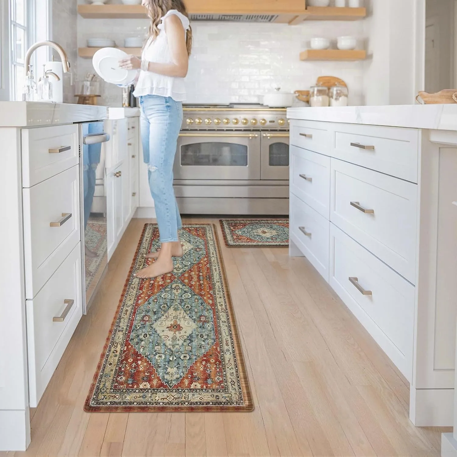 Collive Boho Kitchen Mat 2PCS Cushioned Kitchen Mats for Floor, Anti-Fatigue Mat Waterproof Kitchen Rug Set of 2 Non-Skid Comfort Standing Mat for Kitchen, Office, Sink, Laundry, 17"x30" 17"x47"