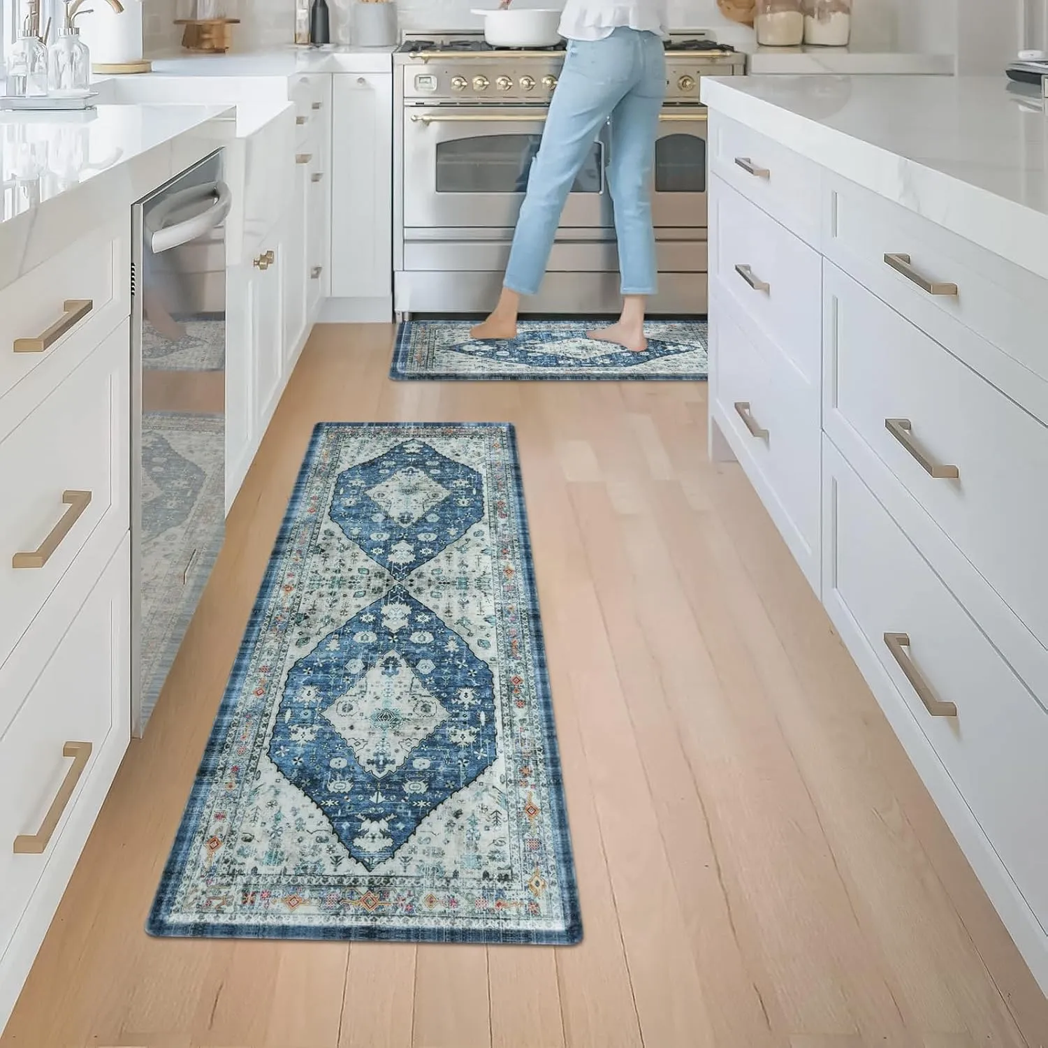 Collive Boho Kitchen Rugs Set of 2 Non Skid Kitchen Mats for Floor Cushioned Anti Fatigue Kitchen Floor Mats Waterproof Comfort Heavy Duty Foam Mats for Standing Desk Sink Laundry, 17"x30" 17"x47"