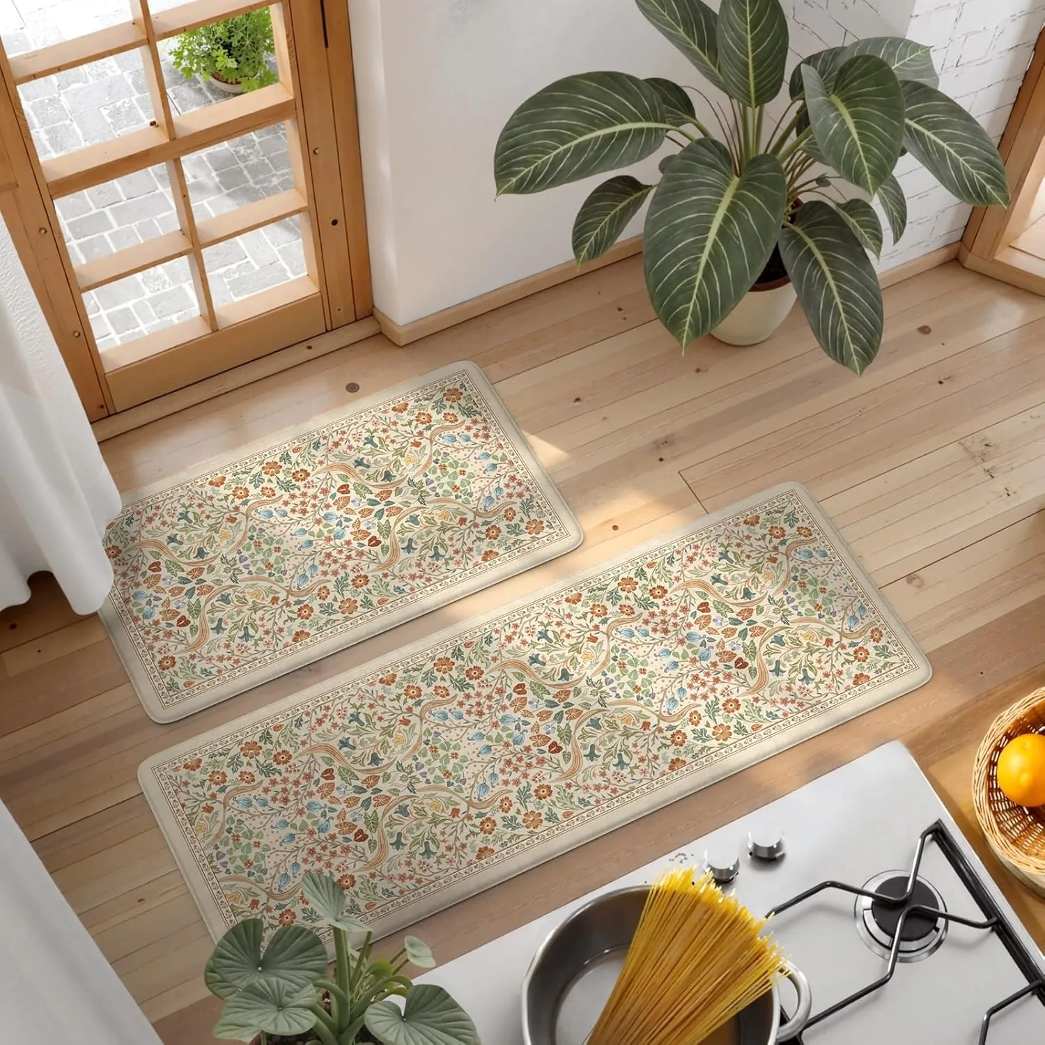 Collive Kitchen Mats Cushioned Anti Fatigue, Non Slip Waterproof Kitchen Floor Mat Beige Rug 2 Piece, Modern Comfort Desk Standing Rugs for Sink, Home Office, Laundry, Bedroom