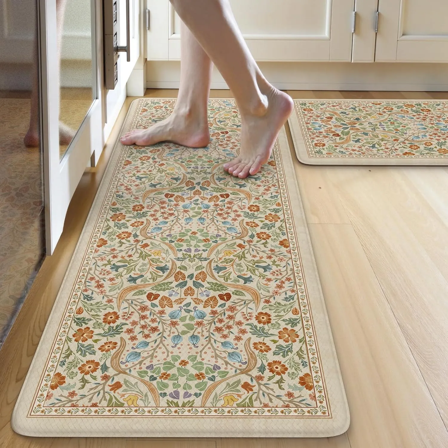 Collive Kitchen Mats Cushioned Anti Fatigue, Non Slip Waterproof Kitchen Floor Mat Beige Rug 2 Piece, Modern Comfort Desk Standing Rugs for Sink, Home Office, Laundry, Bedroom