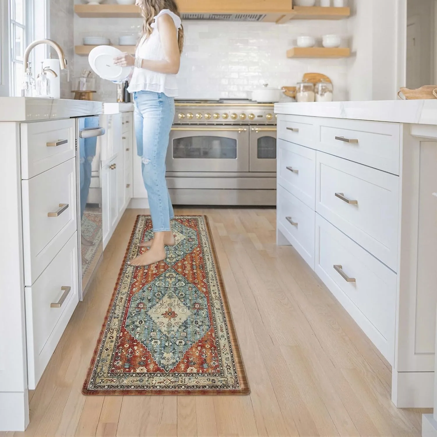 Collive Kitchen Rugs Anti Fatigue Kitchen Runner Mats Cushioned, Comfort Fatigue Mats for Standing, 17”x59” Red Non-Skid Washable Kitchen Floor Mats for Office, Sink, Laundry