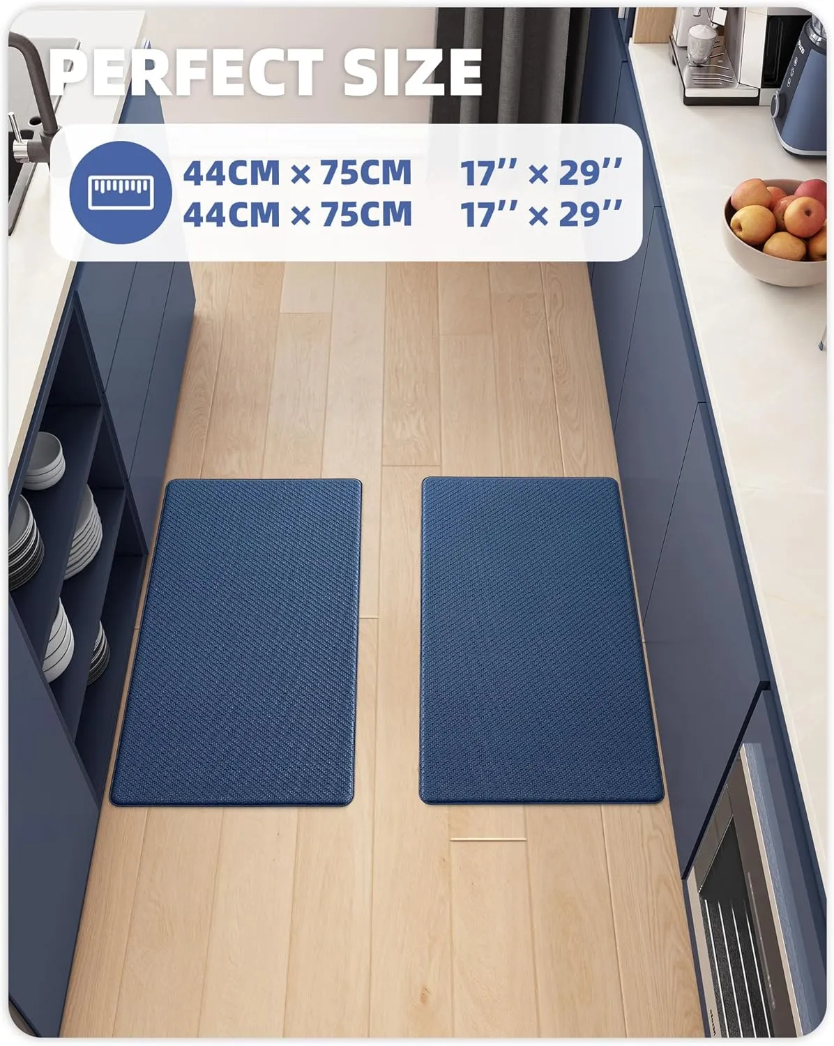 Color&Geometry 2 Piece Kitchen Rug Set - Cushioned Anti Fatigue Kitchen Mat, Non Skid Waterproof Comfort Standing Rug, 17"x29" 17"x29", Blue