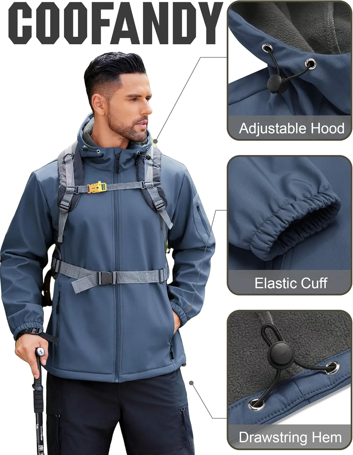 COOFANDY Men's Hooded Softshell Jacket Waterproof Fleece Lined Windbreaker Lightweight Outdoor Hiking Jacket