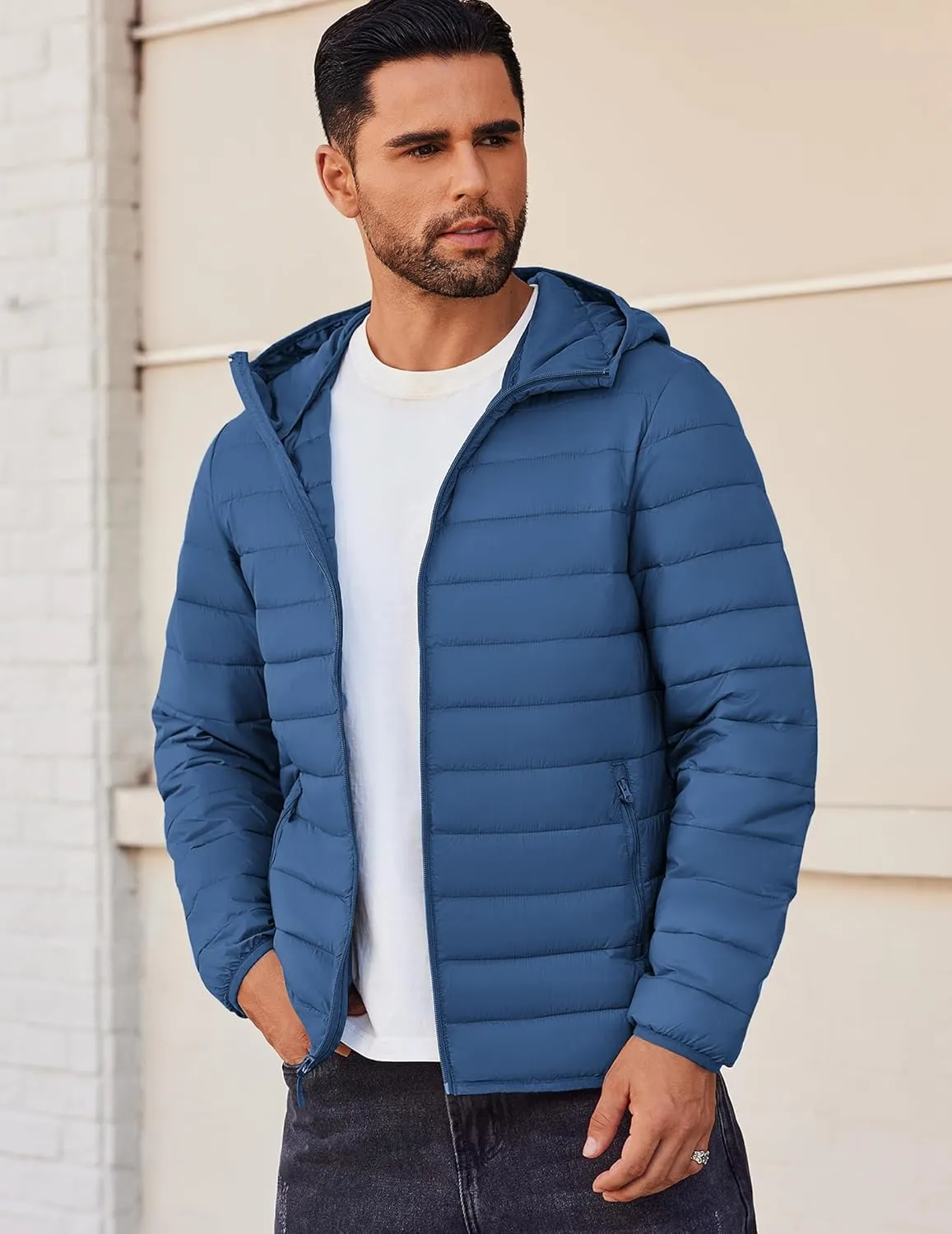 COOFANDY Mens Packable Puffer Jacket Lightweight Hooded Insulated Winter Coat Windproof Zipper Down Jacket