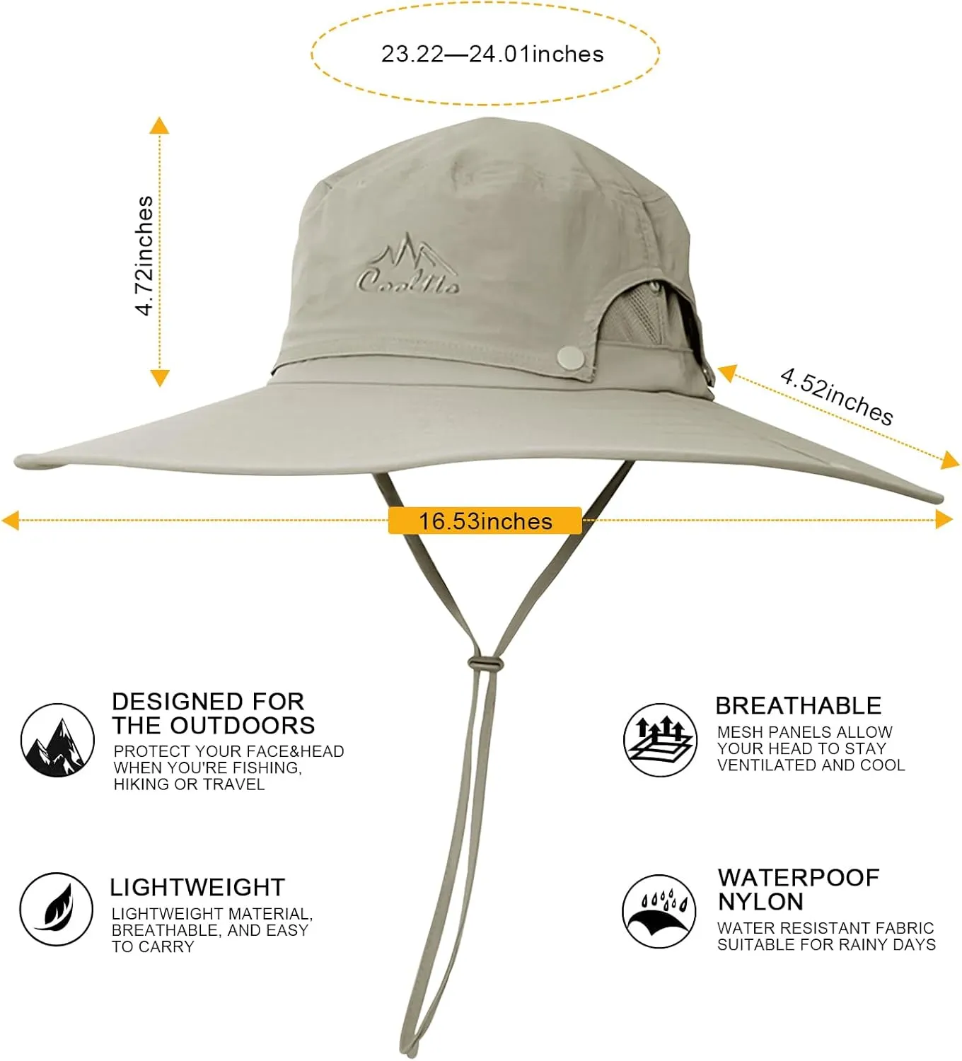 Cooltto Wide Brim Sun Hats with Waterproof Breathable for Fishing, Hiking, Camping，for Men Women Kids