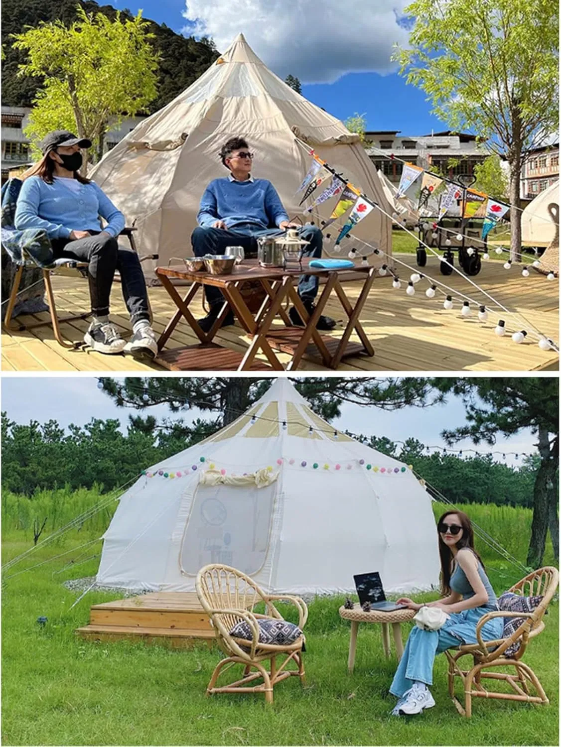 Cotton Canvas Bell Tent, Pyramid Yurt Tent with Stove Jack, 6-8 Person Large Glamping Tent for Camping, Hiking, Festival, Parties, Wedding, Music Festival