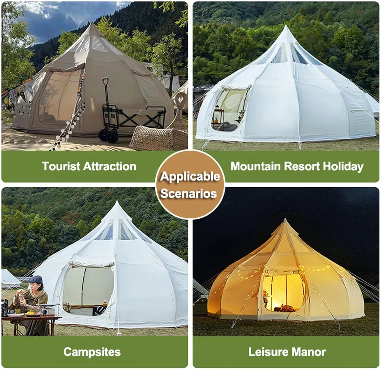 Cotton Canvas Bell Tent, Pyramid Yurt Tent with Stove Jack, 6-8 Person Large Glamping Tent for Camping, Hiking, Festival, Parties, Wedding, Music Festival