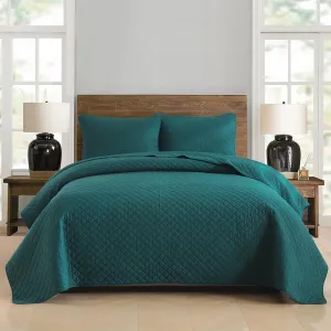 Cotton King Quilt Bedding Sets, 3 Pieces Reversible Lightweight Coverlets Comforters Bedspreads for All Seasons, Geometric Stitching Pattern, Turquoise Green
