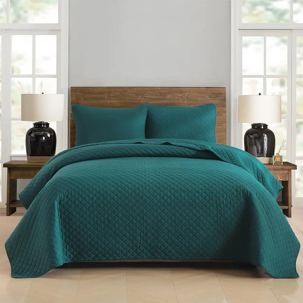 Cotton King Quilt Bedding Sets, 3 Pieces Reversible Lightweight Coverlets Comforters Bedspreads for All Seasons, Geometric Stitching Pattern, Turquoise Green