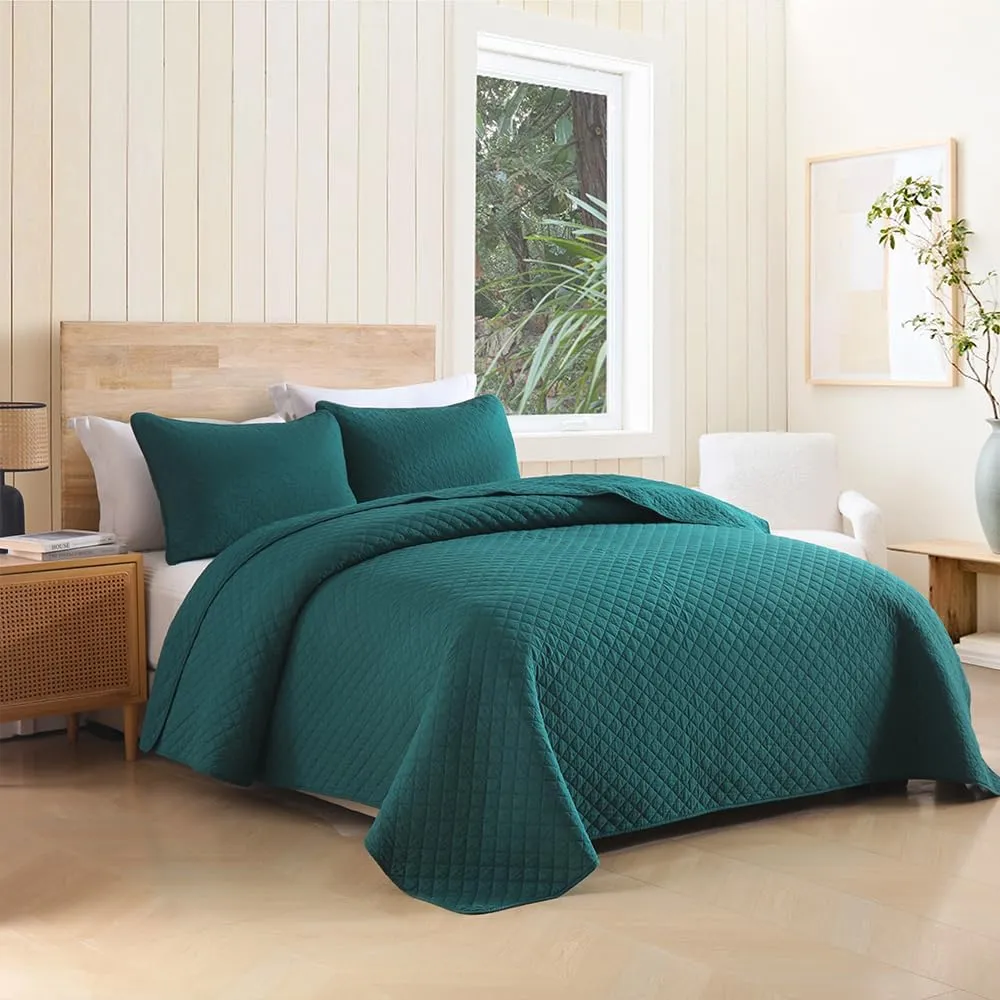 Cotton King Quilt Bedding Sets, 3 Pieces Reversible Lightweight Coverlets Comforters Bedspreads for All Seasons, Geometric Stitching Pattern, Turquoise Green