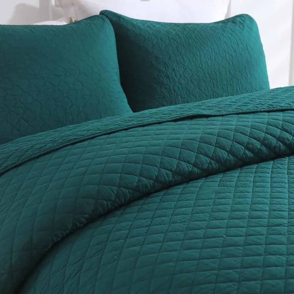 Cotton King Quilt Bedding Sets, 3 Pieces Reversible Lightweight Coverlets Comforters Bedspreads for All Seasons, Geometric Stitching Pattern, Turquoise Green