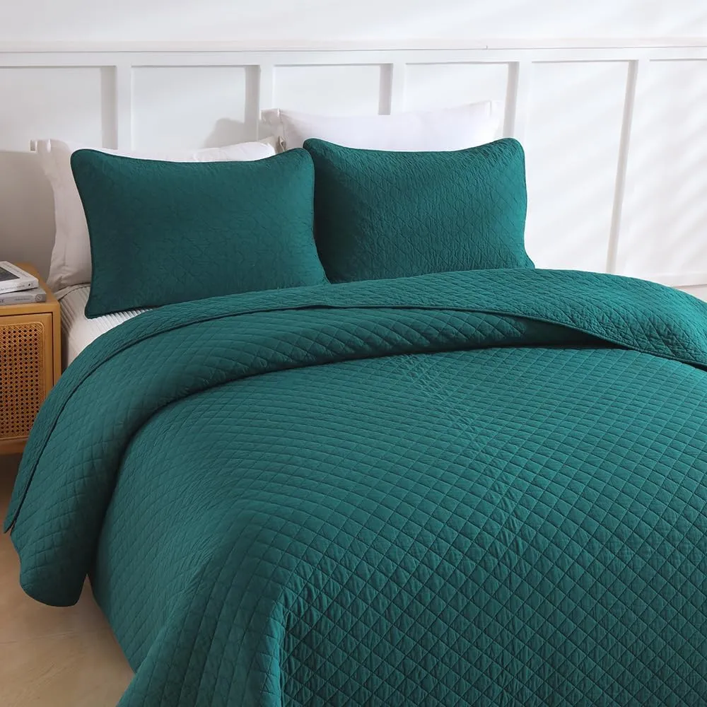 Cotton King Quilt Bedding Sets, 3 Pieces Reversible Lightweight Coverlets Comforters Bedspreads for All Seasons, Geometric Stitching Pattern, Turquoise Green