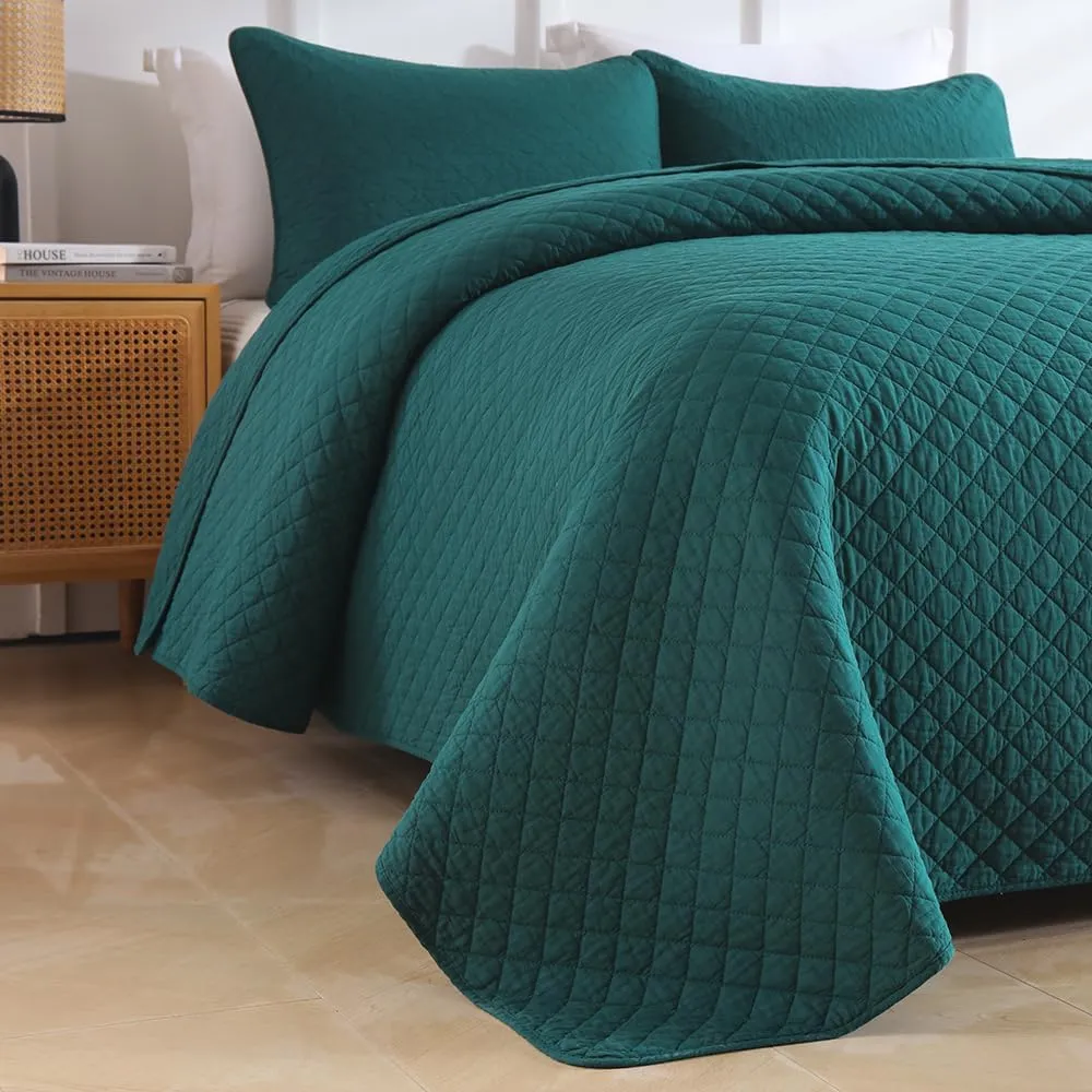 Cotton King Quilt Bedding Sets, 3 Pieces Reversible Lightweight Coverlets Comforters Bedspreads for All Seasons, Geometric Stitching Pattern, Turquoise Green