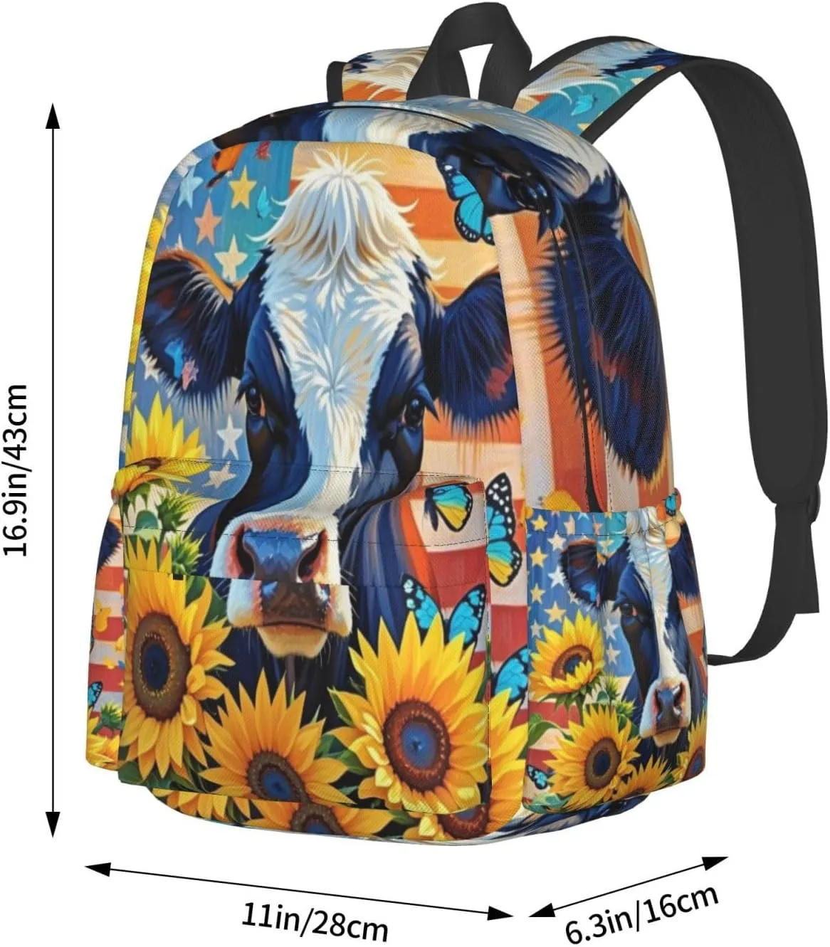 Cow American Flag Sunflowers and Butterflies Adult Backpacks 16 Inch Laptop Backpack Double Shoulder Bag for Work Travel Gifts